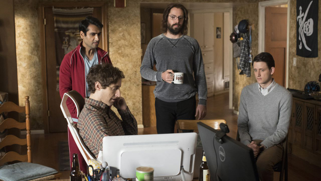 Kumail Nanjiani, Thomas Middleditch, Martin Starr, and Zach Woods star in Silicon Valley (Photo: John P. Johnson/HBO)